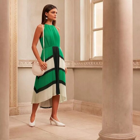 TED BAKER Nellina Pleated Midi Dip Asymmetrical Hem Green Color Block Dress $395 - Picture 17 of 17